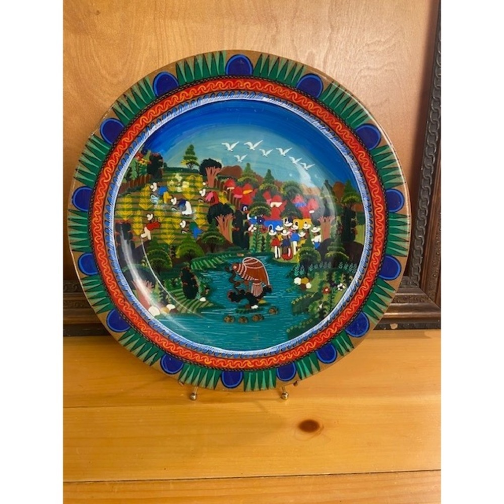 Mexican Folk Art Hand Painted VTG. Terracotta Plate 16" Village Scene Wall Decor